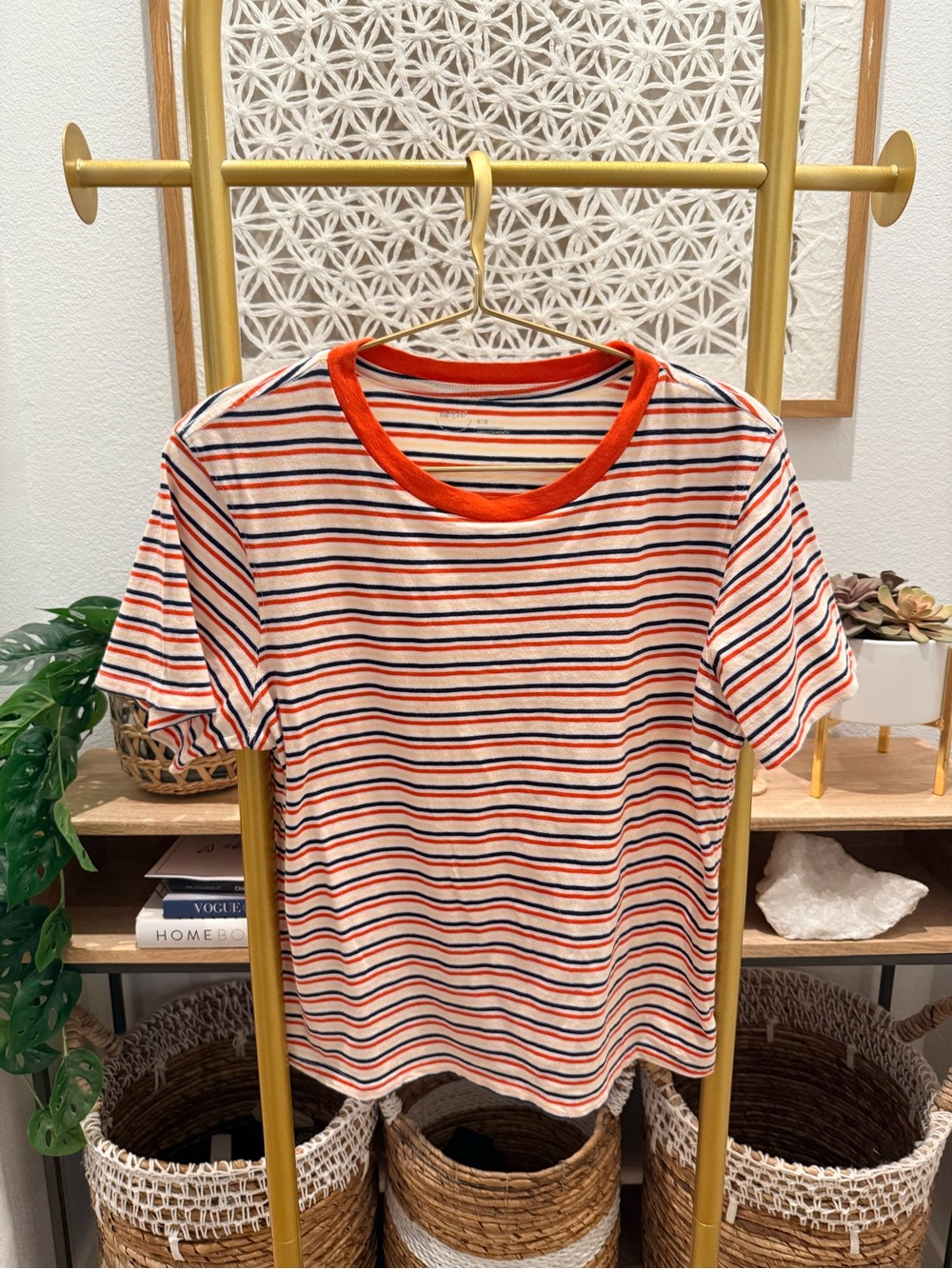 aerie Striped Crew Tee in Ivory with Orange Trim